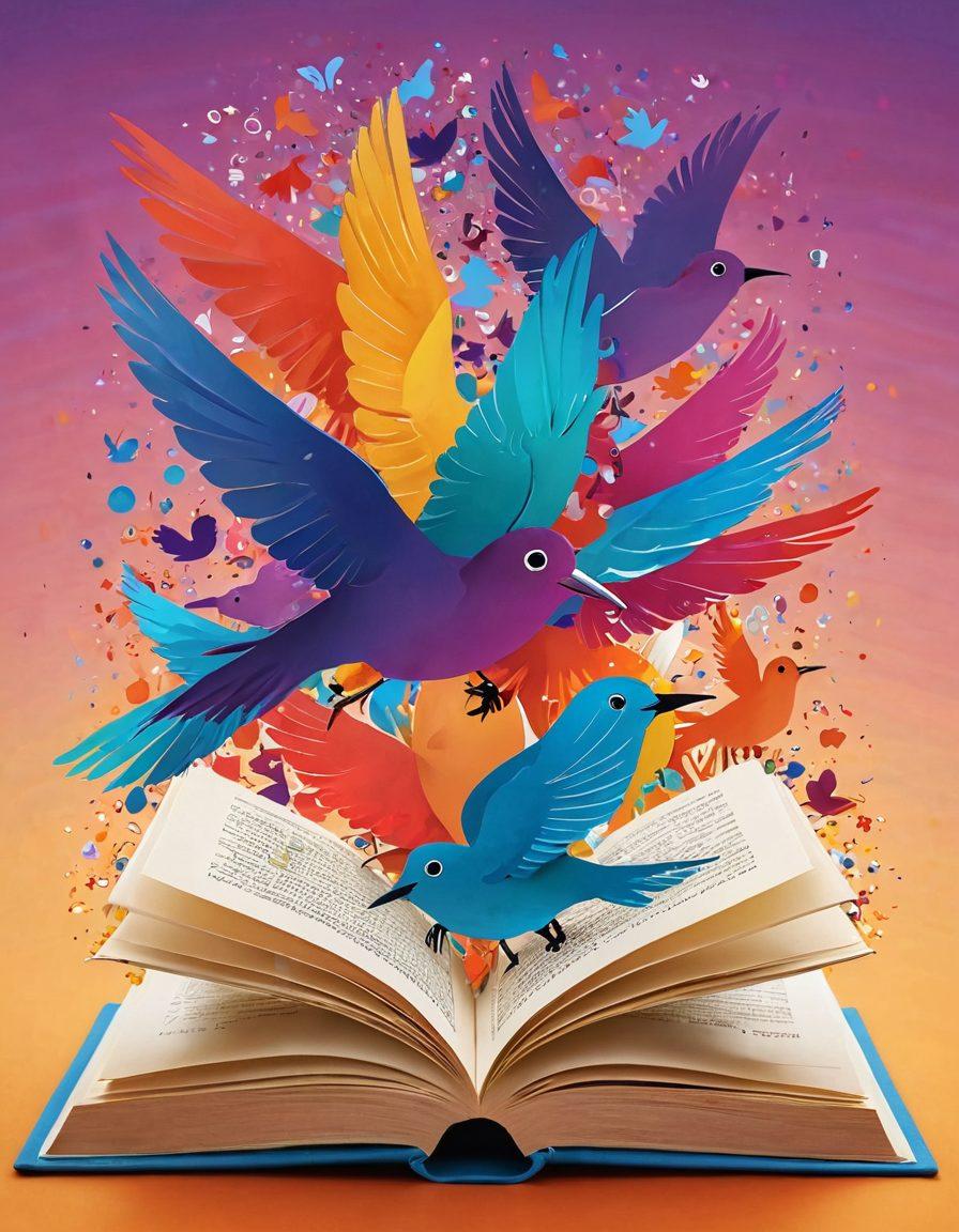 A vibrant illustration of an open book with flying words represented as colorful birds, symbolizing the expanding lexicon. Surrounding the book are thought bubbles filled with synonyms and antonyms in contrasting colors, showcasing the diversity of language. The background features a gradient of warm and cool colors, creating an inviting atmosphere for reading and learning. artistic typography. super-realistic. vibrant colors.