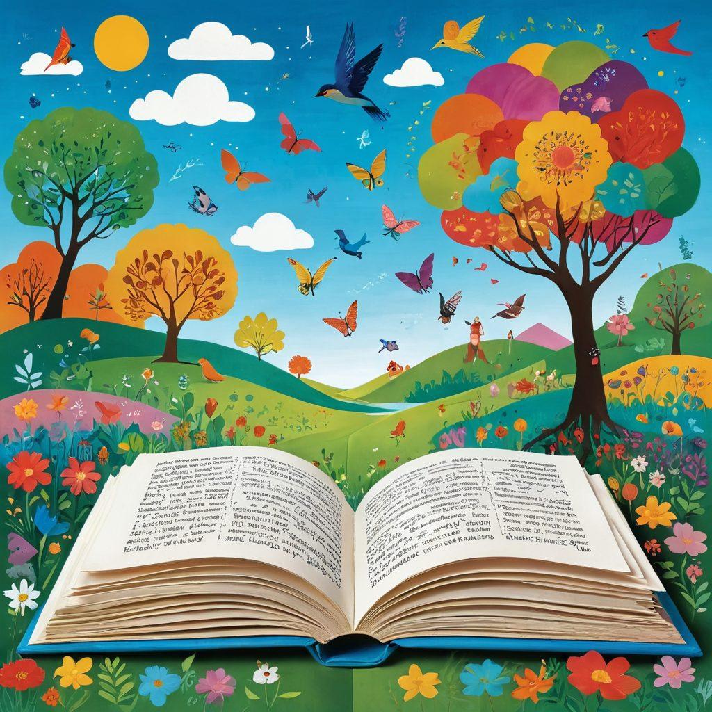 A whimsical landscape featuring a giant open book with colorful illustrations of words floating around, symbolizing learning and creativity. Surround the book with diverse people joyfully exchanging thoughts in speech bubbles filled with vocabulary and context clues. Add vibrant images of nature, like blooming flowers and birds, representing growth and discovery. The setting should inspire a sense of adventure in language learning. vibrant colors. surreal illustration.