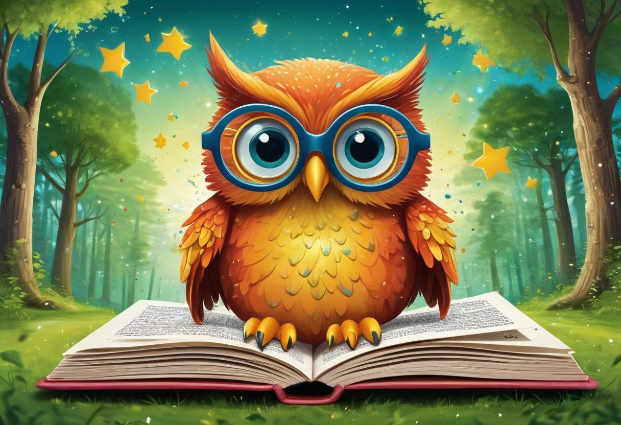 A vibrant and colorful illustrated thesaurus that bursts open, revealing an explosion of words and synonyms floating around. Include a happy character, like a cheerful owl, wearing reading glasses and surrounded by books. Use a background of a lush, green forest to symbolize growth and learning. Integrate playful elements such as sparkling stars and colorful speech bubbles to represent communication. bright colors. vector art.